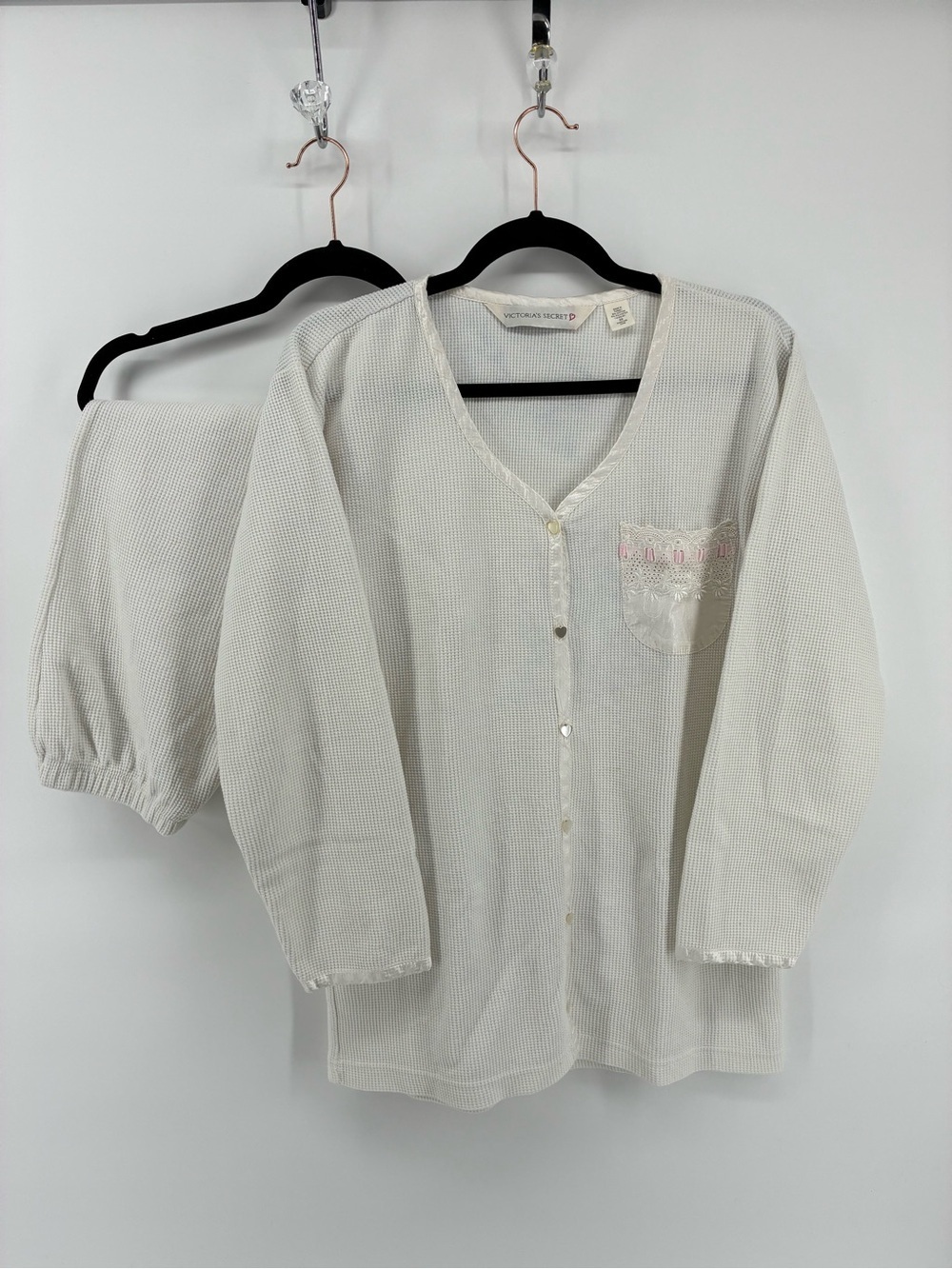 Victoria's Secret Cream and White Pajama Top & Bottom Waffle Knit Set